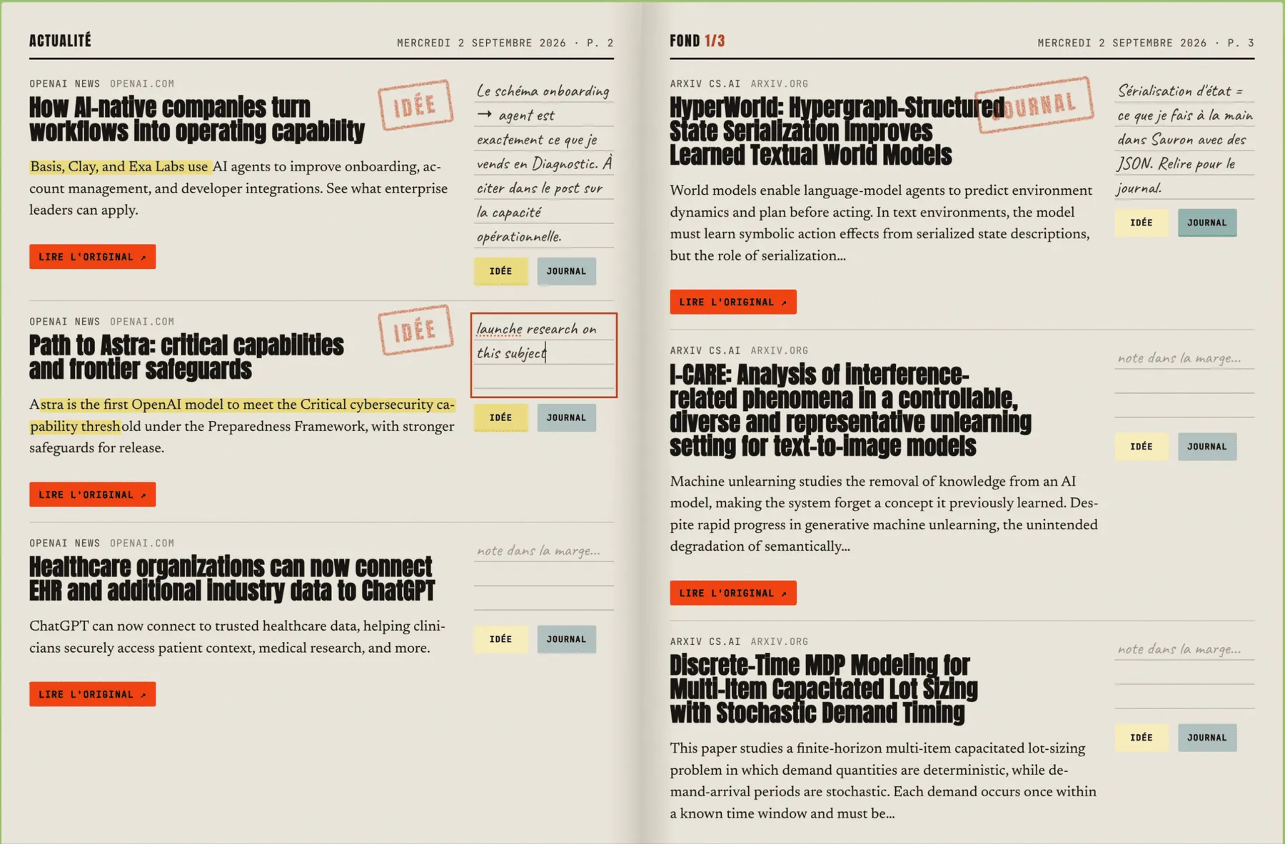 L'édition du matin, ouverte sur une double page : actualité à gauche, fond à droite, des tampons et des notes à la main dans la marge